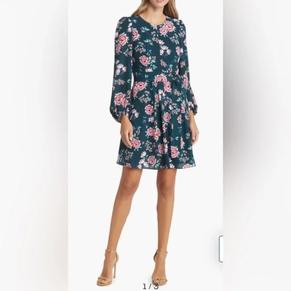 Eliza J Nordstrom Teal and Pink Floral Balloon Sleeve Dress Size 10